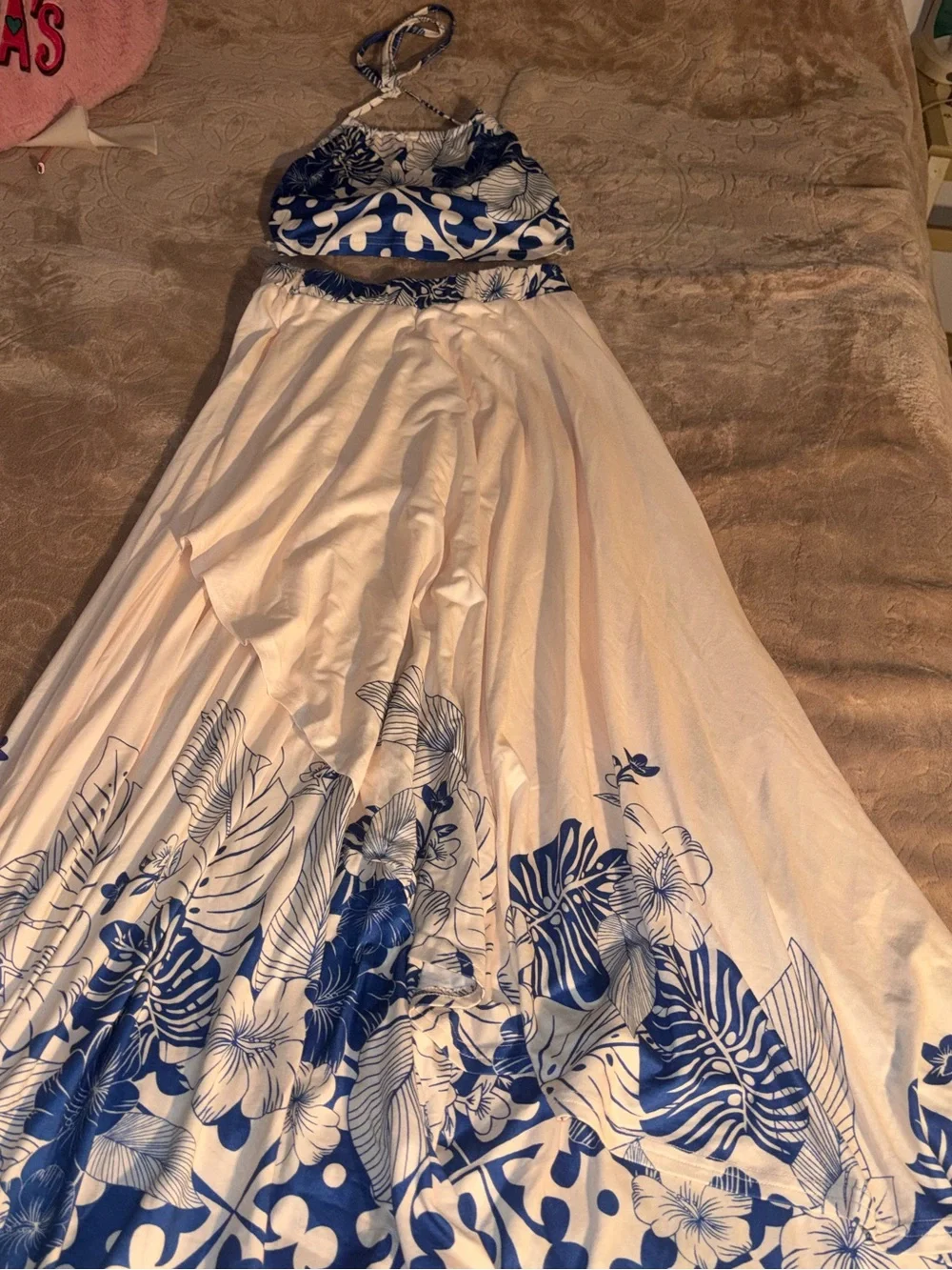 Blue and White Floral Halter Top & Maxi Skirt Set